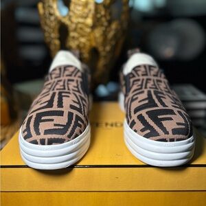 Fendi Beige and Black Patterned Slip-Ons